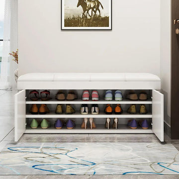 White Entryway Bench with Shoe Storage Leather Upholstered